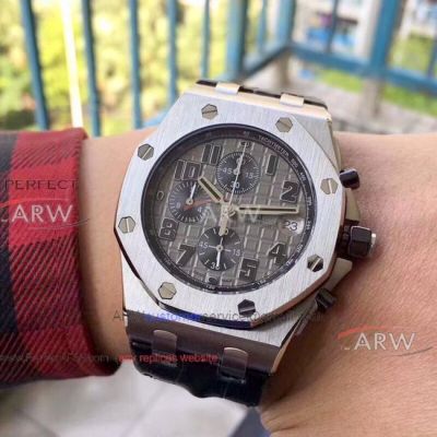 Perfect Replica Audemars Piguet Royal Oak Offshore Gray Dial Black Leather Strap Watch 42mm